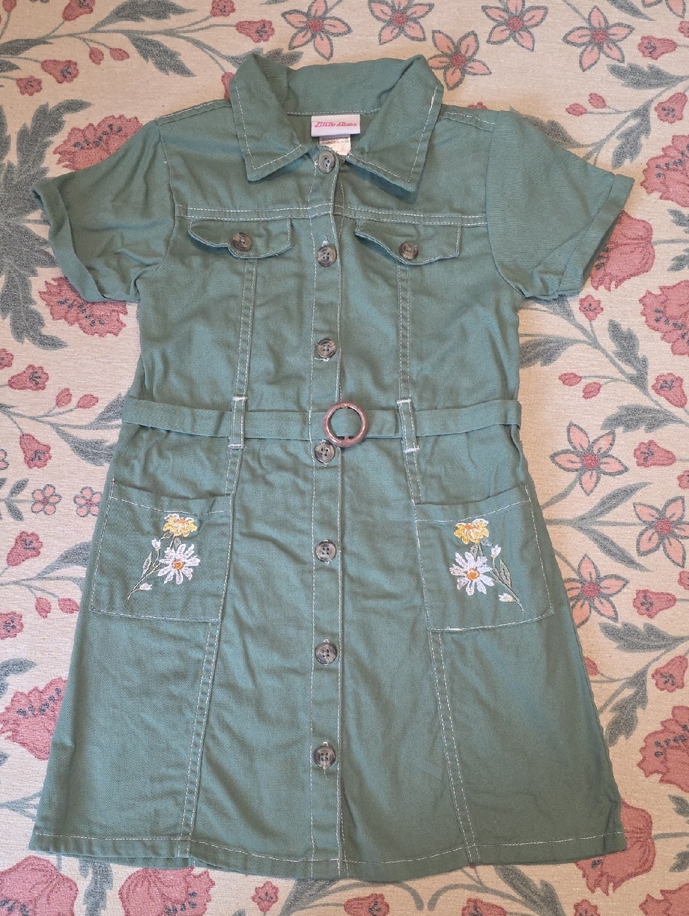 Green Button-Front 100% Cotton Dress with Floral Embroidered Pockets